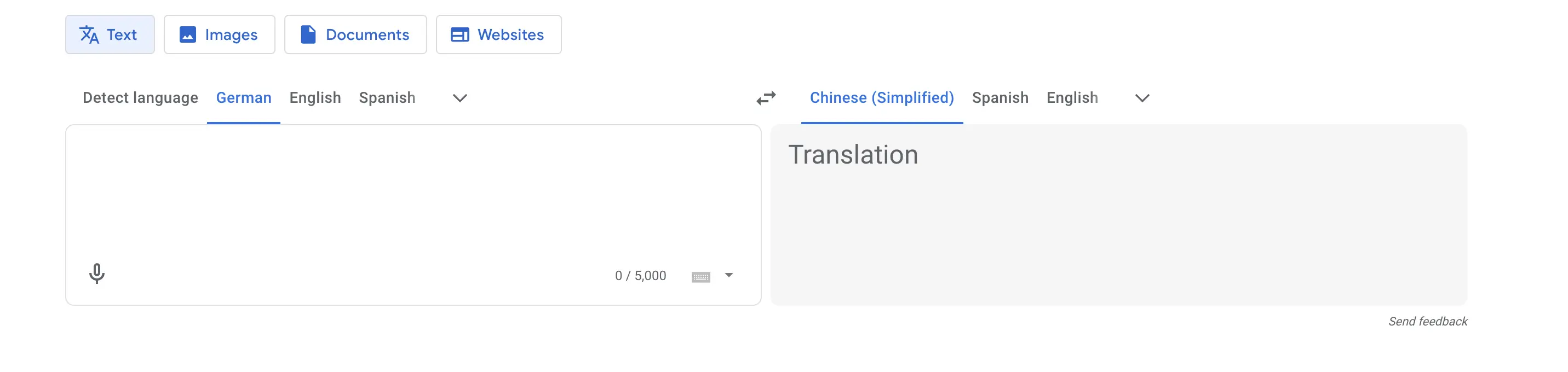 The interface of Google Translate for translating German to Simplified Chinese.